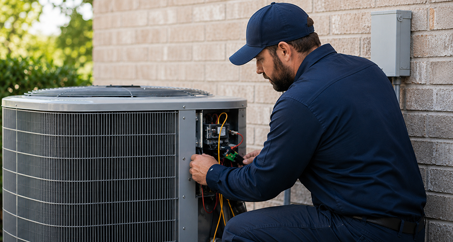 HVAC technician servicing residential air conditioning system