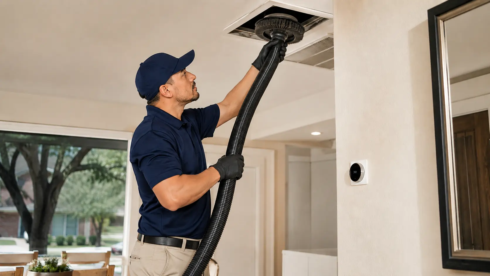 Technician cleaning residential air ducts in a modern Texas home