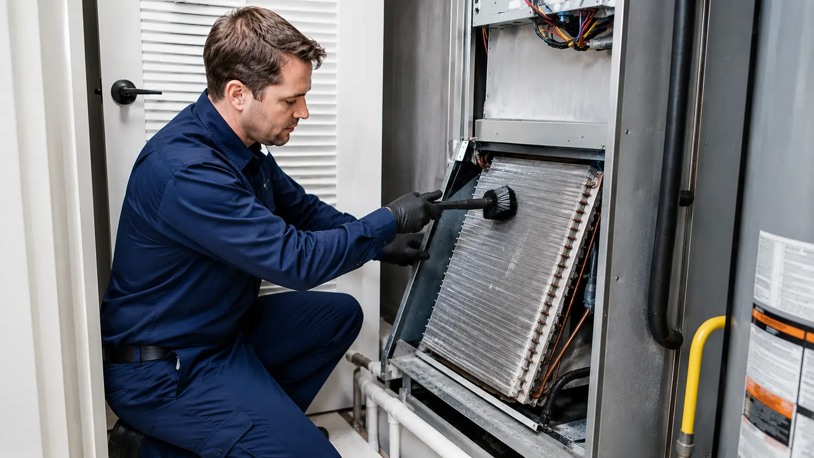 HVAC technician cleaning evaporator coil in residential air handler